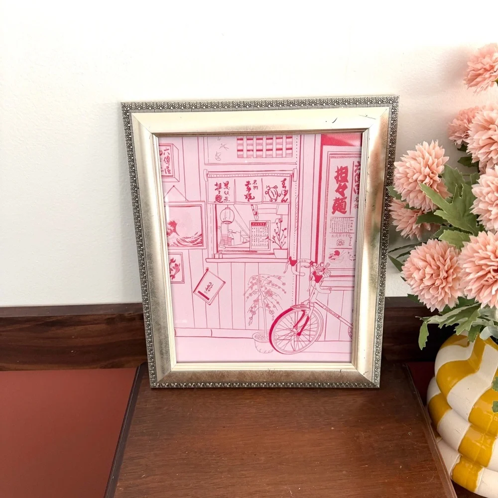 Japanese Kyoto City Bicycle Pink Drawing Canvas Art Print Silver Framed Art